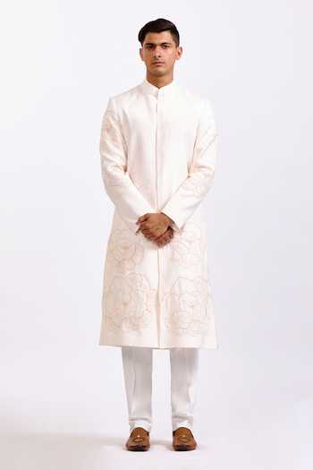 Buy_Agraj Jain_White Silk, Cotton, Bamboo Embroidery, Applique Pink Rose Sherwani Set _at_Aza_Fashions