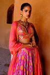 Shop_Drishti & Zahabia_Pink Silk, Dupion, Organza Embroidery, Suhana Print Gathered Lehenga Set _Online_at_Aza_Fashions