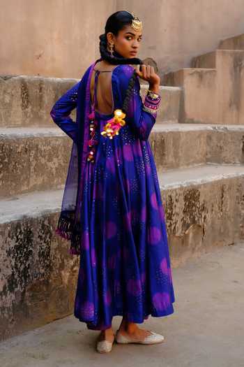 Shop_Drishti & Zahabia_Purple Silk, Dupion, Organza Sequins, Aarya Zardozi Shibori Ikat Anarkali Set _at_Aza_Fashions