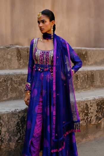 Drishti & Zahabia_Purple Silk, Dupion, Organza Sequins, Aarya Zardozi Shibori Ikat Anarkali Set _Online_at_Aza_Fashions
