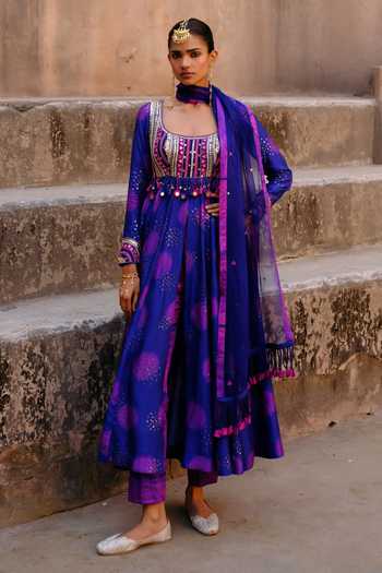 Buy_Drishti & Zahabia_Purple Silk, Dupion, Organza Sequins, Aarya Zardozi Shibori Ikat Anarkali Set _Online_at_Aza_Fashions