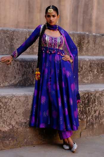 Buy_Drishti & Zahabia_Purple Silk, Dupion, Organza Sequins, Aarya Zardozi Shibori Ikat Anarkali Set _at_Aza_Fashions