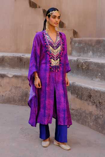 Shop_Drishti & Zahabia_Purple Silk, Dupion Sequins, Mirrors, Aarya Shibori Ikat Print Kaftan And Pant Set _at_Aza_Fashions