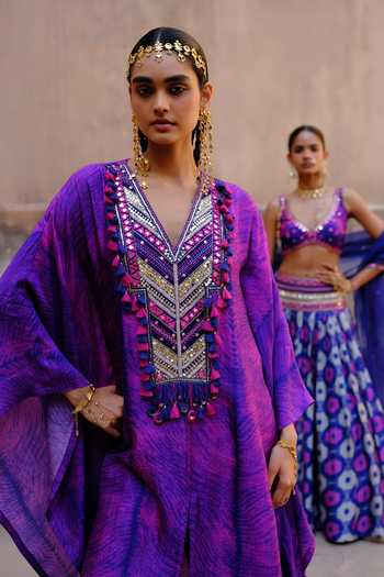 Drishti & Zahabia_Purple Silk, Dupion Sequins, Mirrors, Aarya Shibori Ikat Print Kaftan And Pant Set _Online_at_Aza_Fashions