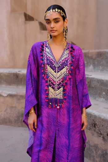 Buy_Drishti & Zahabia_Purple Silk, Dupion Sequins, Mirrors, Aarya Shibori Ikat Print Kaftan And Pant Set _Online_at_Aza_Fashions