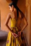 Shop_Drishti & Zahabia_Yellow Silk, Dupion, Organza Embroidery, Navya Shibori Ikat Lehenga Corset Set _at_Aza_Fashions
