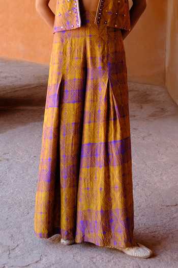 Drishti & Zahabia_Yellow Dupion, Silk Zari, Sequins, Mirrors Navya Shibori Ikat Jacket Palazzo Set _Online_at_Aza_Fashions