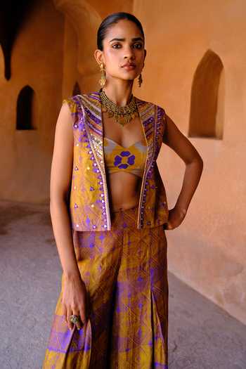Buy_Drishti & Zahabia_Yellow Dupion, Silk Zari, Sequins, Mirrors Navya Shibori Ikat Jacket Palazzo Set _Online_at_Aza_Fashions