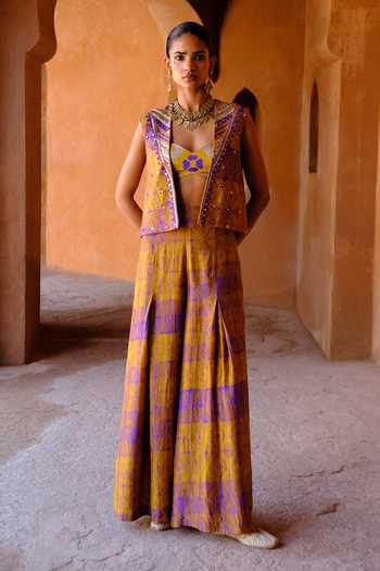 Shop_Drishti & Zahabia_Yellow Dupion, Silk Zari, Sequins, Mirrors Navya Shibori Ikat Jacket Palazzo Set _at_Aza_Fashions