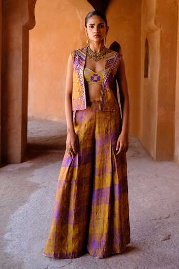 Buy_Drishti & Zahabia_Yellow Dupion, Silk Zari, Sequins, Mirrors Navya Shibori Ikat Jacket Palazzo Set _at_Aza_Fashions