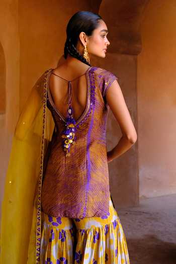 Shop_Drishti & Zahabia_Purple Silk, Dupion, Organza Sequins, Zari, Shibori Ikat Kurta And Sharara Set _at_Aza_Fashions