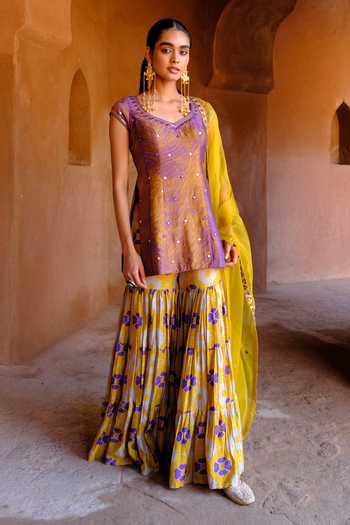 Shop_Drishti & Zahabia_Purple Silk, Dupion, Organza Sequins, Zari, Shibori Ikat Kurta And Sharara Set _Online_at_Aza_Fashions