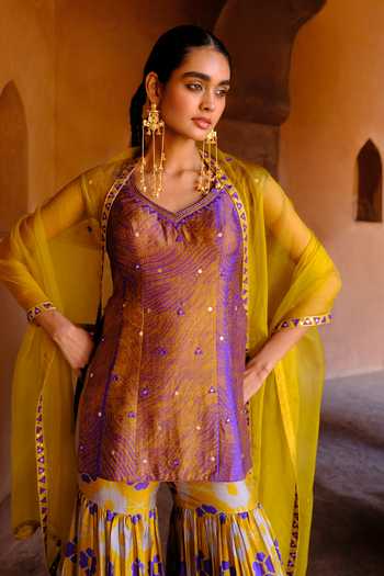 Drishti & Zahabia_Purple Silk, Dupion, Organza Sequins, Zari, Shibori Ikat Kurta And Sharara Set _at_Aza_Fashions