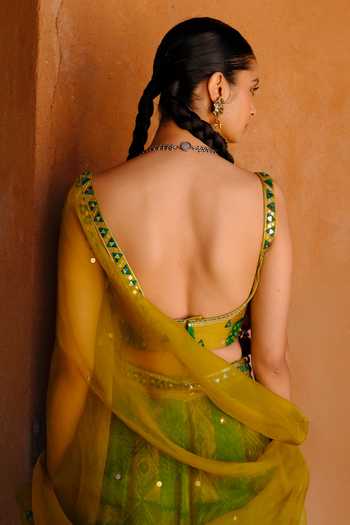 Shop_Drishti & Zahabia_Green Silk, Dupion, Organza Sequins, Mirrors, Tara Ikat Pattern Lehenga Set _at_Aza_Fashions