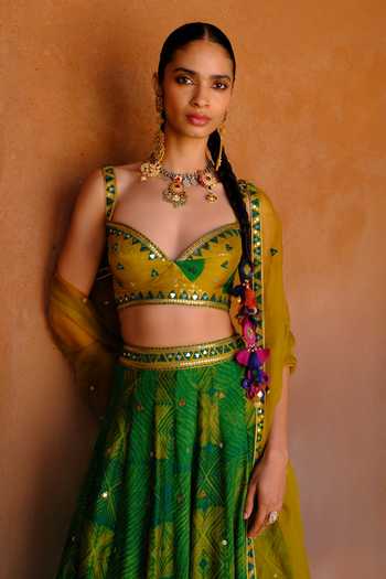 Drishti & Zahabia_Green Silk, Dupion, Organza Sequins, Mirrors, Tara Ikat Pattern Lehenga Set _Online_at_Aza_Fashions