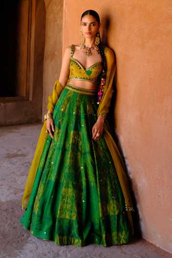Buy_Drishti & Zahabia_Green Silk, Dupion, Organza Sequins, Mirrors, Tara Ikat Pattern Lehenga Set _Online_at_Aza_Fashions