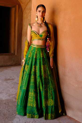 Buy_Drishti & Zahabia_Green Silk, Dupion, Organza Sequins, Mirrors, Tara Ikat Pattern Lehenga Set _at_Aza_Fashions