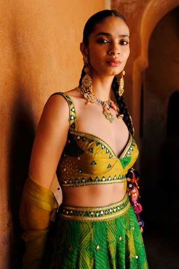 Shop_Drishti & Zahabia_Green Silk, Dupion, Organza Sequins, Mirrors, Tara Ikat Pattern Lehenga Set _Online_at_Aza_Fashions