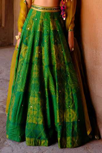 Drishti & Zahabia_Green Silk, Dupion, Organza Sequins, Mirrors, Tara Ikat Pattern Lehenga Set _at_Aza_Fashions