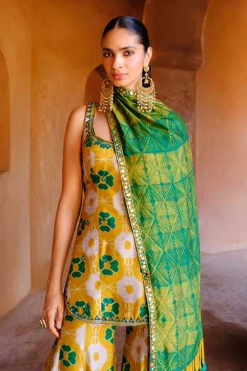 Shop_Drishti & Zahabia_Green Silk, Dupion Embroidery, Zari, Tara Floral Print Kurta Palazzo Set _Online_at_Aza_Fashions