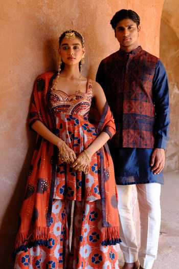 Shop_Drishti & Zahabia_Orange Silk, Dupion Embroidery, Sequins, Inaaya Floral Print Kurta Palazzo Set _Online_at_Aza_Fashions