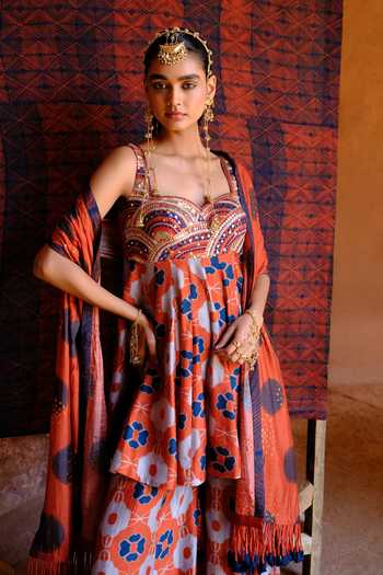 Drishti & Zahabia_Orange Silk, Dupion Embroidery, Sequins, Inaaya Floral Print Kurta Palazzo Set _at_Aza_Fashions