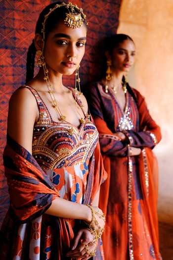 Shop_Drishti & Zahabia_Orange Silk, Dupion Embroidery, Sequins, Inaaya Floral Print Kurta Palazzo Set 