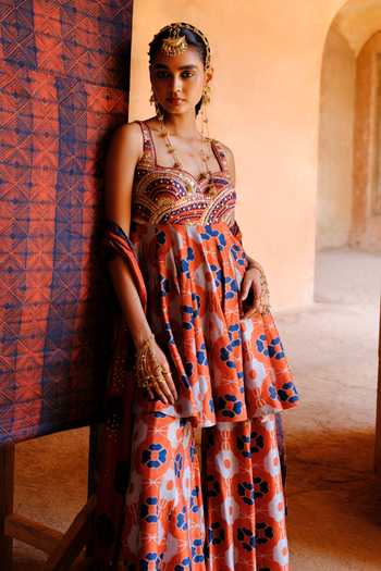Drishti & Zahabia_Orange Silk, Dupion Embroidery, Sequins, Inaaya Floral Print Kurta Palazzo Set _Online