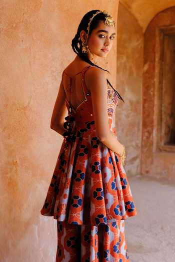 Shop_Drishti & Zahabia_Orange Silk, Dupion Embroidery, Sequins, Inaaya Floral Print Kurta Palazzo Set _at_Aza_Fashions