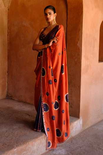 Drishti & Zahabia_Orange Silk, Organza, Dupion Sequins, Inaaya Ikat Print Saree And Blouse Set _Online_at_Aza_Fashions