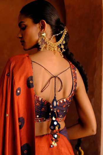Shop_Drishti & Zahabia_Orange Silk, Organza, Dupion Sequins, Inaaya Ikat Print Saree And Blouse Set _at_Aza_Fashions