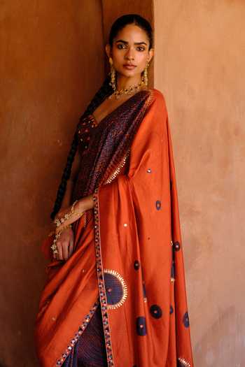 Buy_Drishti & Zahabia_Orange Silk, Organza, Dupion Sequins, Inaaya Ikat Print Saree And Blouse Set _Online_at_Aza_Fashions