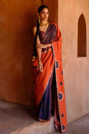 Buy_Drishti & Zahabia_Orange Silk, Organza, Dupion Sequins, Inaaya Ikat Print Saree And Blouse Set _at_Aza_Fashions