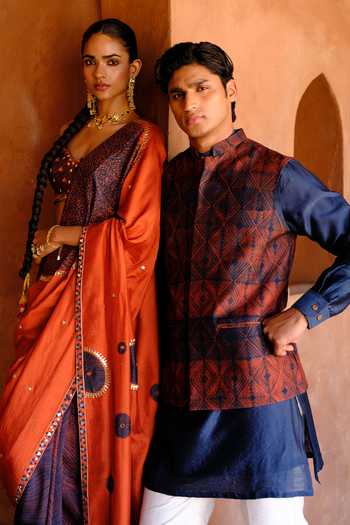 Shop_Drishti & Zahabia_Orange Silk, Organza, Dupion Sequins, Inaaya Ikat Print Saree And Blouse Set _Online_at_Aza_Fashions