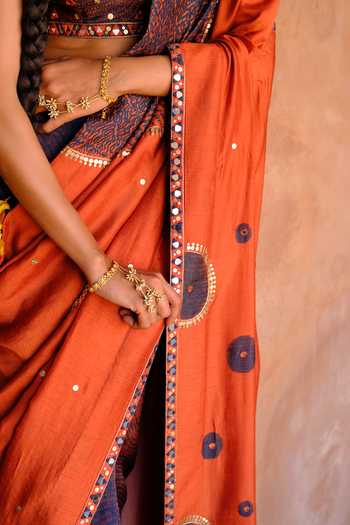 Drishti & Zahabia_Orange Silk, Organza, Dupion Sequins, Inaaya Ikat Print Saree And Blouse Set _at_Aza_Fashions
