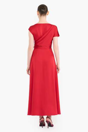 Shop_Gauri & Nainika_Red Satin Crystals Boat Neck Placed Embellished Dress _at_Aza_Fashions