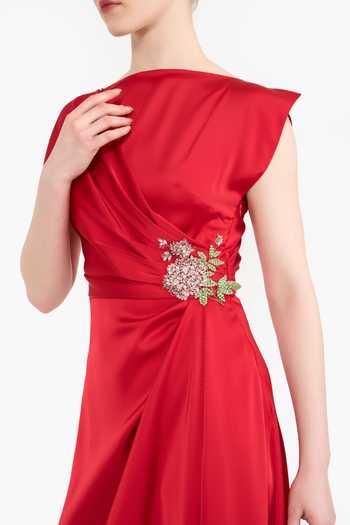 Buy_Gauri & Nainika_Red Satin Crystals Boat Neck Placed Embellished Dress _Online_at_Aza_Fashions