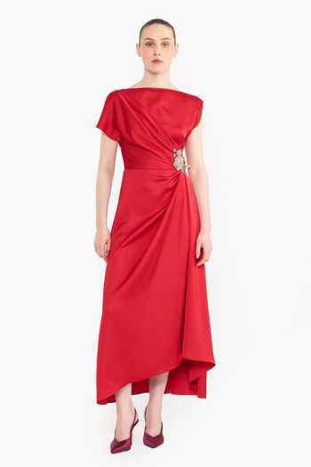 Buy_Gauri & Nainika_Red Satin Crystals Boat Neck Placed Embellished Dress _at_Aza_Fashions