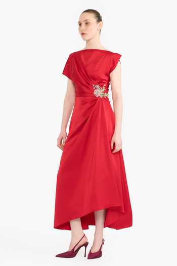 Shop_Gauri & Nainika_Red Satin Crystals Boat Neck Placed Embellished Dress _Online_at_Aza_Fashions