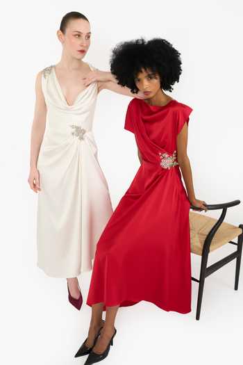 Gauri & Nainika_Red Satin Crystals Boat Neck Placed Embellished Dress _at_Aza_Fashions