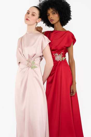 Buy_Gauri & Nainika_Red Satin Crystals Boat Neck Placed Embellished Dress 