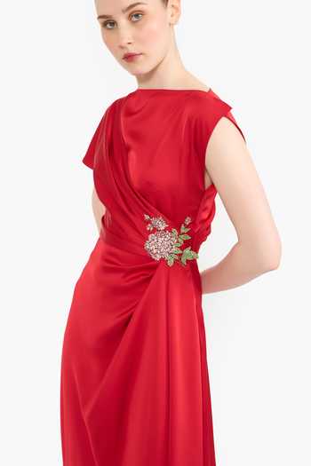 Shop_Gauri & Nainika_Red Satin Crystals Boat Neck Placed Embellished Dress 