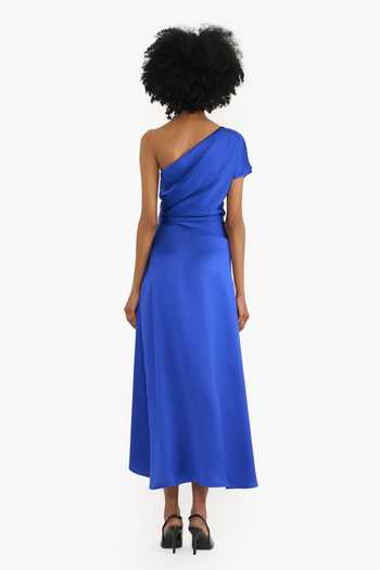 Shop_Gauri & Nainika_Blue Satin One Shoulder Draped Midi Dress _at_Aza_Fashions