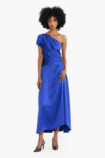 Buy_Gauri & Nainika_Blue Satin One Shoulder Draped Midi Dress _at_Aza_Fashions