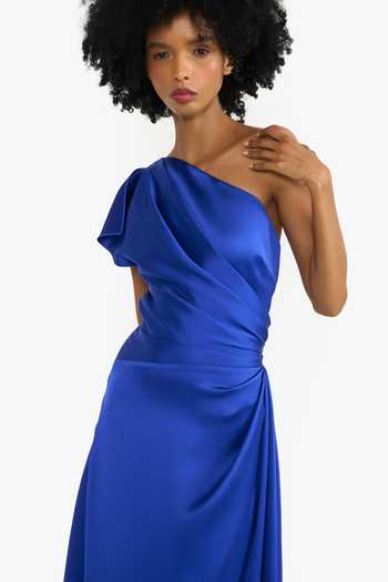 Gauri & Nainika_Blue Satin One Shoulder Draped Midi Dress _Online_at_Aza_Fashions