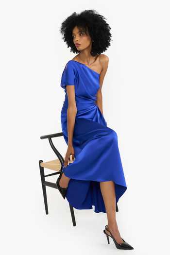 Shop_Gauri & Nainika_Blue Satin One Shoulder Draped Midi Dress _Online_at_Aza_Fashions