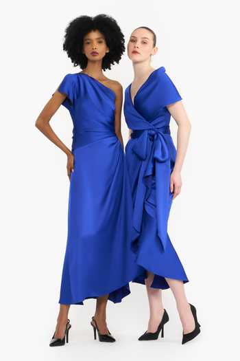 Gauri & Nainika_Blue Satin One Shoulder Draped Midi Dress _at_Aza_Fashions