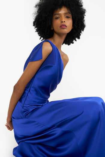 Buy_Gauri & Nainika_Blue Satin One Shoulder Draped Midi Dress 