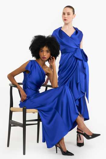 Shop_Gauri & Nainika_Blue Satin One Shoulder Draped Midi Dress 
