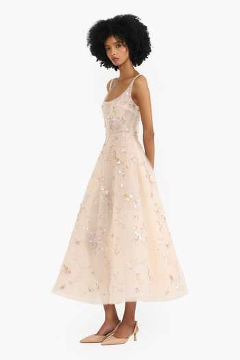 Gauri & Nainika_Beige Tulle Sequins, Crystals Scoop Neck Floral Pattern Embroidered Midi Dress _Online_at_Aza_Fashions